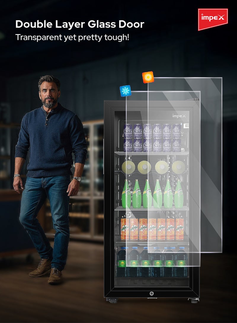 Impex Beverage Double Layer Glass Display Refrigerator 85L, Color Black - Fast Cooling, Energy-Saving, Low Noise, Child Safety Lock & Key, Adjustable Legs, Metal Shelf, Interior Lamp, Eco-Friendly 85 L 80 W IMBC 100 Black  - Image 4