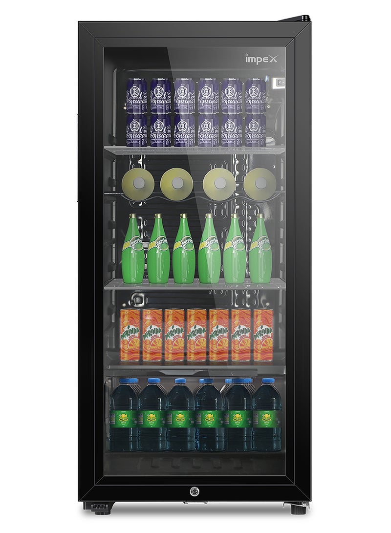 Impex Beverage Double Layer Glass Display Refrigerator 85L, Color Black - Fast Cooling, Energy-Saving, Low Noise, Child Safety Lock & Key, Adjustable Legs, Metal Shelf, Interior Lamp, Eco-Friendly 85 L 80 W IMBC 100 Black  - Image 2