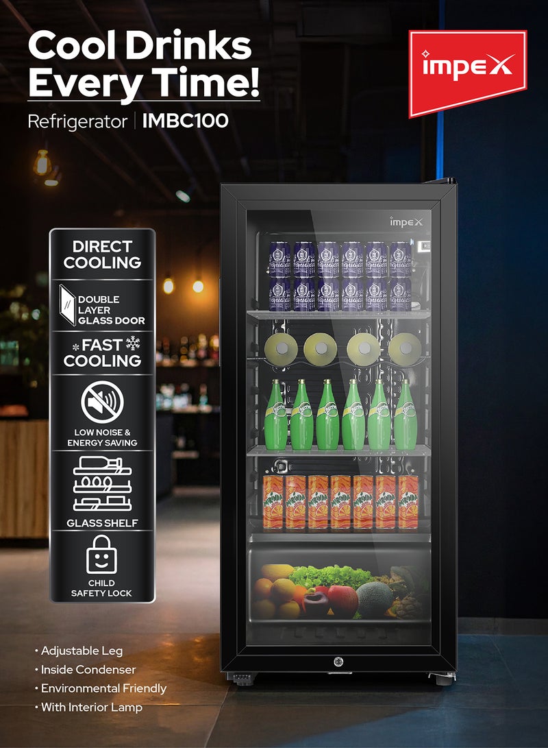 Impex Beverage Double Layer Glass Display Refrigerator 85L, Color Black - Fast Cooling, Energy-Saving, Low Noise, Child Safety Lock & Key, Adjustable Legs, Metal Shelf, Interior Lamp, Eco-Friendly 85 L 80 W IMBC 100 Black  - Image 3