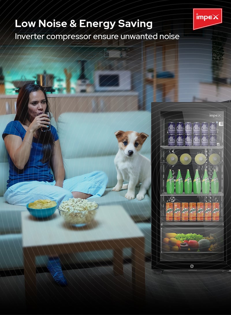 Impex Beverage Double Layer Glass Display Refrigerator 85L, Color Black - Fast Cooling, Energy-Saving, Low Noise, Child Safety Lock & Key, Adjustable Legs, Metal Shelf, Interior Lamp, Eco-Friendly 85 L 80 W IMBC 100 Black  - Image 5