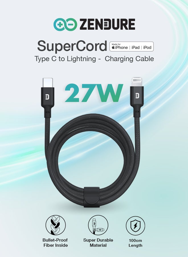 زينديور كيبل زندور سوبر كورد تايب سي لايتنق | بطول 1 متر | كيبل مضفر من النايلون فائق المتانة | يتحمل أكثر من 50,000 انحناءة | مزود بحزام للتنظيم | شحن سريع لأجهزة iPhone وiPad اسود - Image 1