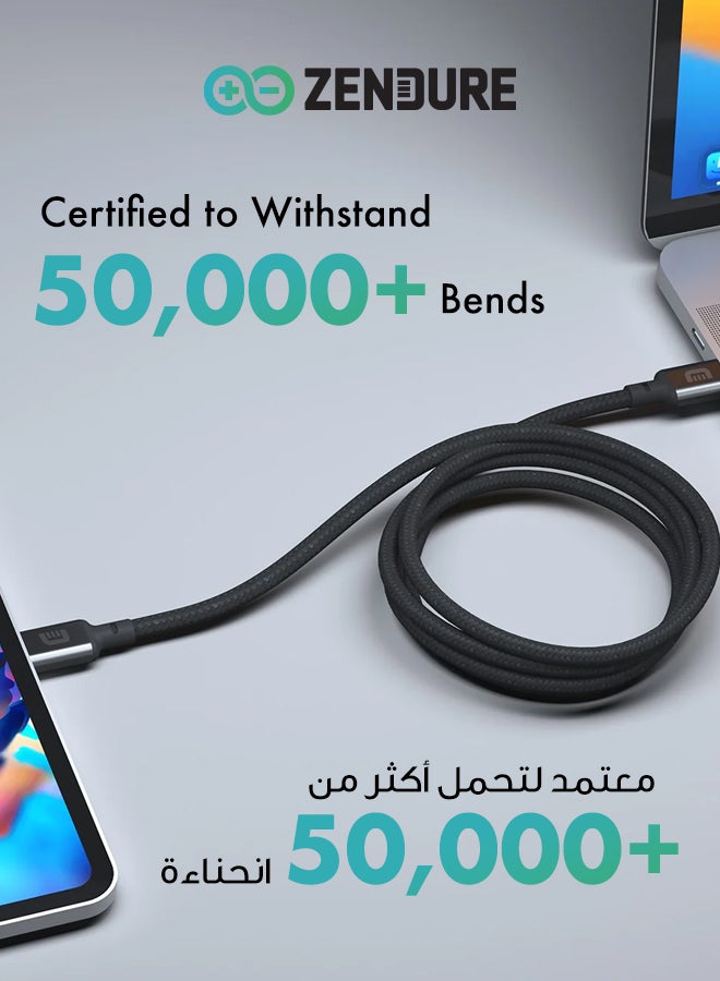 زينديور كيبل زندور سوبر كورد تايب سي لايتنق | بطول 1 متر | كيبل مضفر من النايلون فائق المتانة | يتحمل أكثر من 50,000 انحناءة | مزود بحزام للتنظيم | شحن سريع لأجهزة iPhone وiPad رمادي - Image 3