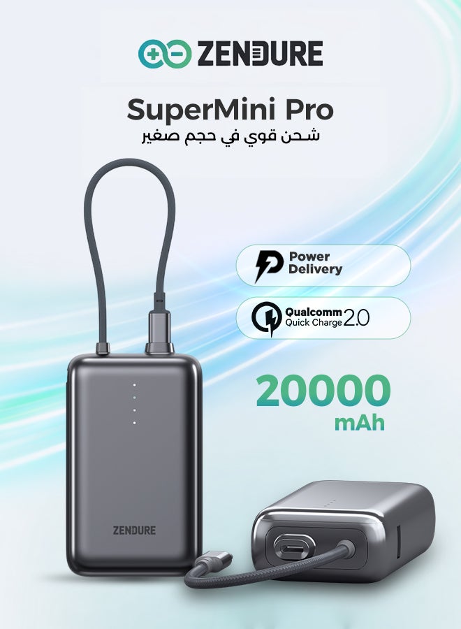 ZENDURE SuperMini Pro 20000mAh 30W Power Bank | Built-in Durable Cable | Fast Charging for iPhone & Android | Compact Travel Charger | Grey Grey - Image 1