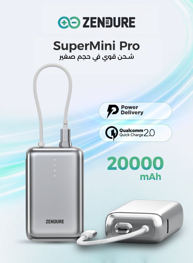ZENDURE SuperMini Pro 20000mAh 30W Power Bank | Built-in Durable Cable | Fast Charging for iPhone & Android | Compact Travel Charger | Silver Silver - Image 1