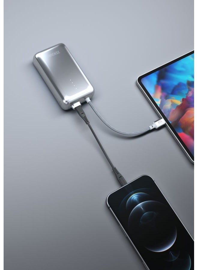 زينديور سوبر ميني برو باور بنك بسعة 10000 مللي أمبير 30 واط | كابل مدمج متين | شحن سريع لأجهزة ايفون و اندرويد | شاحن محمول مدمج للسفر | لون فضي فضى - Image 2