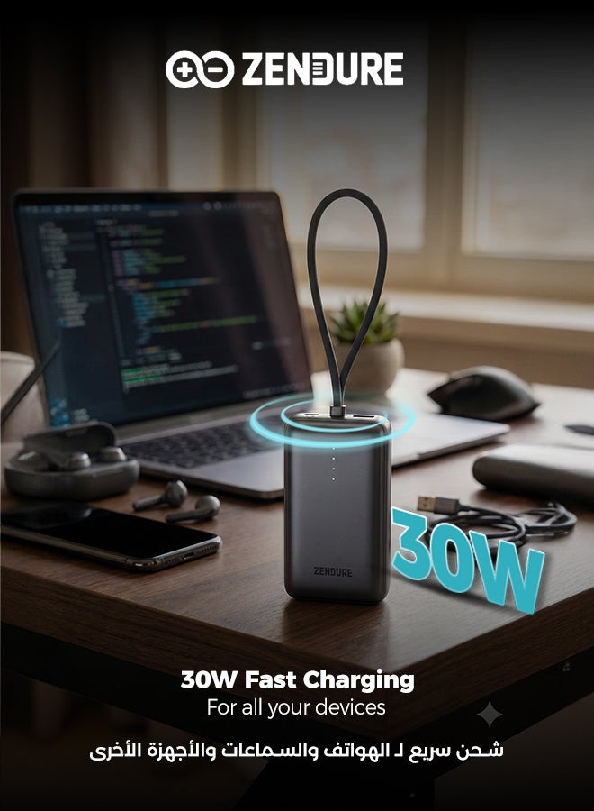ZENDURE SuperMini Pro 10000mAh 30W Power Bank | Built-in Durable Cable | Fast Charging for iPhone & Android | Compact Travel Charger | Grey Grey - Image 4