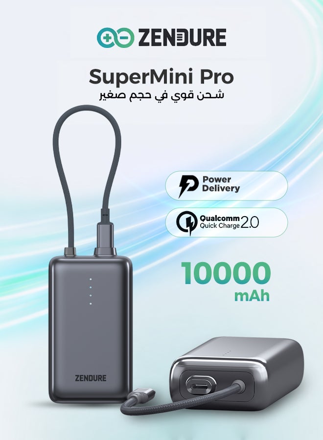 ZENDURE SuperMini Pro 10000mAh 30W Power Bank | Built-in Durable Cable | Fast Charging for iPhone & Android | Compact Travel Charger | Grey Grey - Image 1