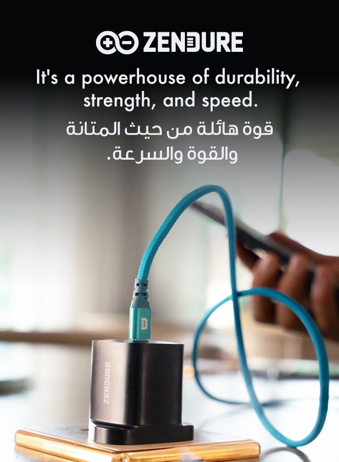 زينديور كيبل زندور سوبر كورد تايب سي لايتنق | بطول 1 متر | كيبل مضفر من النايلون فائق المتانة | يتحمل أكثر من 50,000 انحناءة | مزود بحزام للتنظيم | شحن سريع لأجهزة iPhone وiPad ازرق - Image 2