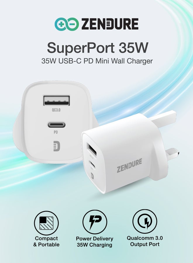 زينديور سوبر بورت شاحن جداري بقوة 35 واط مع مقبس بريطاني  | تصميم فائق الصغر | بمنفذين (يو إس بي-سي PD + يو إس بي-إي QC3.0) | شحن سريع وآمن | مثالي للسفر ابيض - Image 1