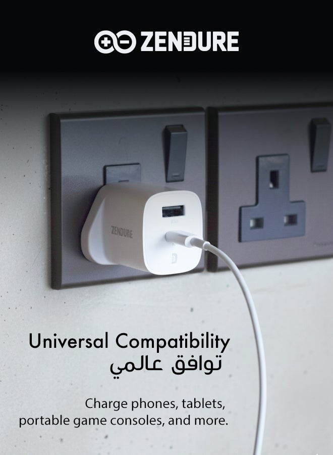 زينديور سوبر بورت شاحن جداري بقوة 35 واط مع مقبس بريطاني  | تصميم فائق الصغر | بمنفذين (يو إس بي-سي PD + يو إس بي-إي QC3.0) | شحن سريع وآمن | مثالي للسفر ابيض - Image 2