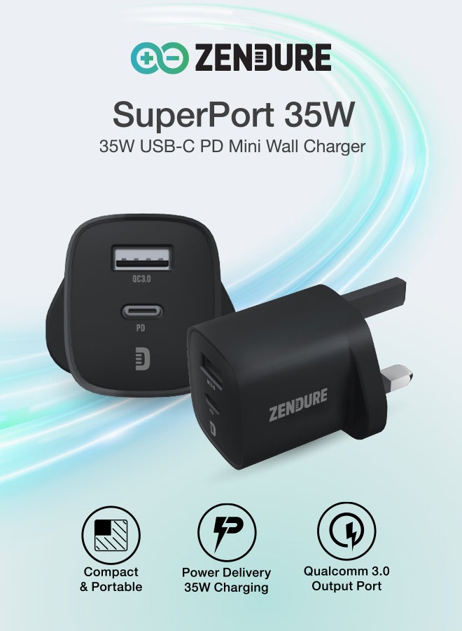 زينديور سوبر بورت شاحن جداري بقوة 35 واط مع مقبس بريطاني  | تصميم فائق الصغر | بمنفذين (يو إس بي-سي PD + يو إس بي-إي QC3.0) | شحن سريع وآمن | مثالي للسفر اسود - Image 1