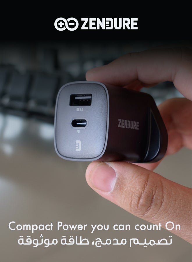 زينديور سوبر بورت شاحن جداري بقوة 35 واط مع مقبس بريطاني  | تصميم فائق الصغر | بمنفذين (يو إس بي-سي PD + يو إس بي-إي QC3.0) | شحن سريع وآمن | مثالي للسفر اسود - Image 2