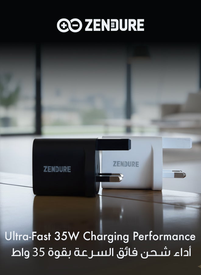 زينديور سوبر بورت شاحن جداري بقوة 35 واط مع مقبس بريطاني  | تصميم فائق الصغر | بمنفذين (يو إس بي-سي PD + يو إس بي-إي QC3.0) | شحن سريع وآمن | مثالي للسفر اسود - Image 4