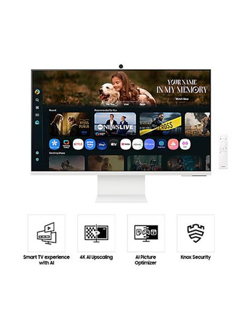 32 Inch M8 4K Vision AI Smart Monitor, AI Upscaling, AI Picture Optimizer, Knox Security, Smart TV Apps, Ask Copilot, Click to Search, Gaming Hub, Active Voice Amplifier Pro, SmartThings, AirPlay, Multicontrol, SlimFit Camera, Eye Saver Mode LS32FM801UMXUE White