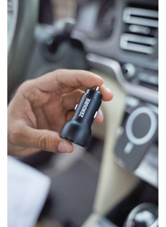 زينديور سوبر درايڤ شاحن سيارة بقوة 48 واط | منفذين (USB-C PD + USB-A QC3.0) | شحن سريع وآمن أثناء القيادة | مؤشر ضوئي LED اسود - Image 3