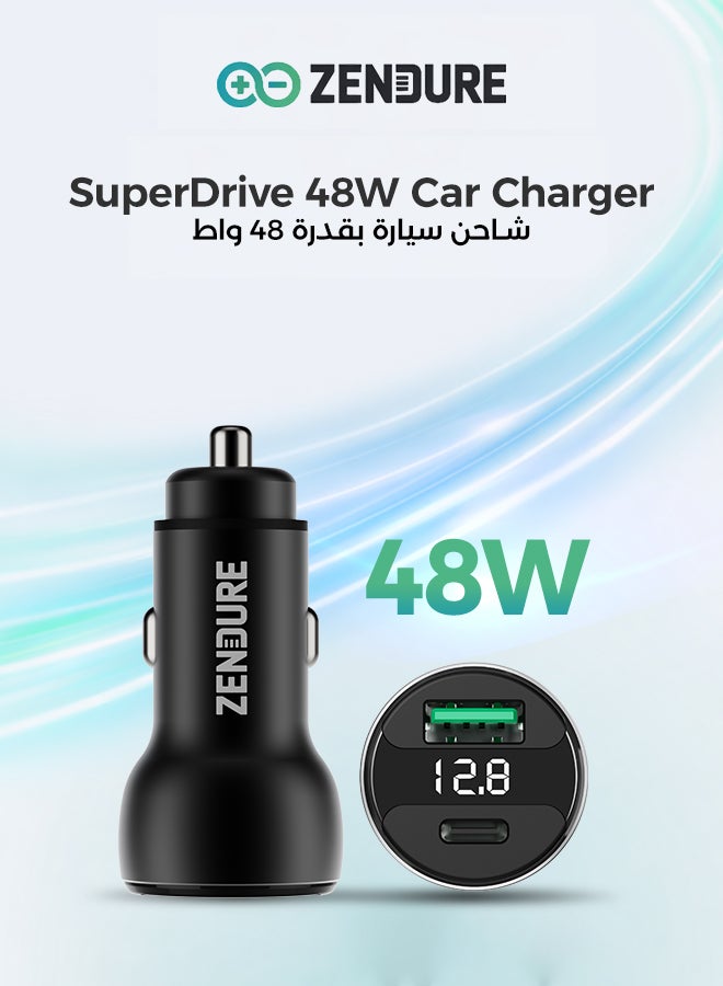 زينديور شاحن سيارة بقوة 48 واط سوبر درايڤ | شاحن سيارة بمنفذين (USB-C PD + USB-A QC3.0) | شحن سريع وآمن لأجهزة آيفون 12/13/14/15/16/17، جالكسي ، سامسونج، ايباد برو، و ايربودز، و أكثر أثناء القيادة | مؤشر ضوئي LED اسود - Image 1