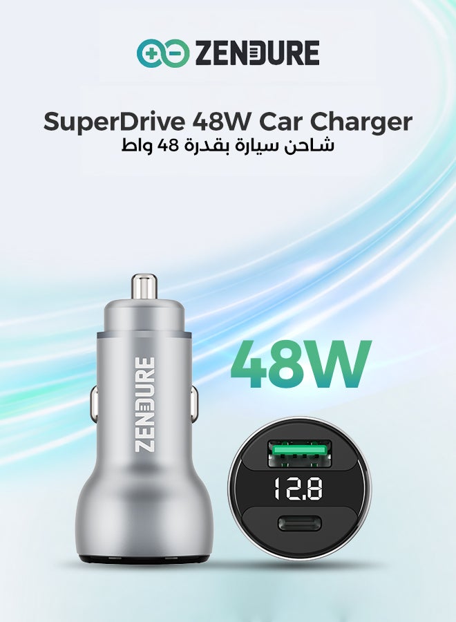 زينديور شاحن سيارة بقوة 48 واط سوبر درايڤ | شاحن سيارة بمنفذين (USB-C PD + USB-A QC3.0) | شحن سريع وآمن لأجهزة آيفون 12/13/14/15/16/17، جالكسي ، سامسونج، ايباد برو، و ايربودز، و أكثر أثناء القيادة | مؤشر ضوئي LED فضى - Image 1