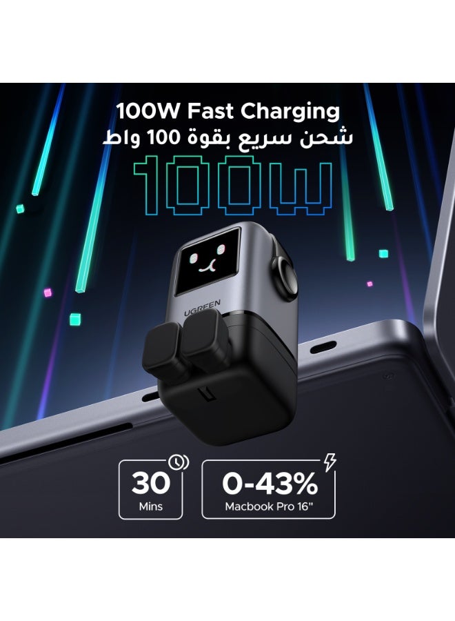 Ugreen Uno 100W GaN Charger Adapter 3C1A Smart LED Display Fun Charging Type C Fast Charger iPhone Samsung Galaxy Charger 45W Unique Design Type C Wall Adapter Portable Mini Size For iPhone 16 Series - Black  - Image 2
