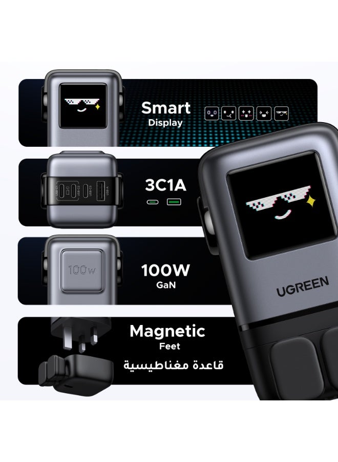 Ugreen Uno 100W GaN Charger Adapter 3C1A Smart LED Display Fun Charging Type C Fast Charger iPhone Samsung Galaxy Charger 45W Unique Design Type C Wall Adapter Portable Mini Size For iPhone 16 Series - Black  - Image 5