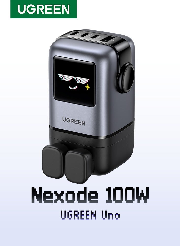 Ugreen Uno 100W GaN Charger Adapter 3C1A Smart LED Display Fun Charging Type C Fast Charger iPhone Samsung Galaxy Charger 45W Unique Design Type C Wall Adapter Portable Mini Size For iPhone 16 Series - Black  - Image 1