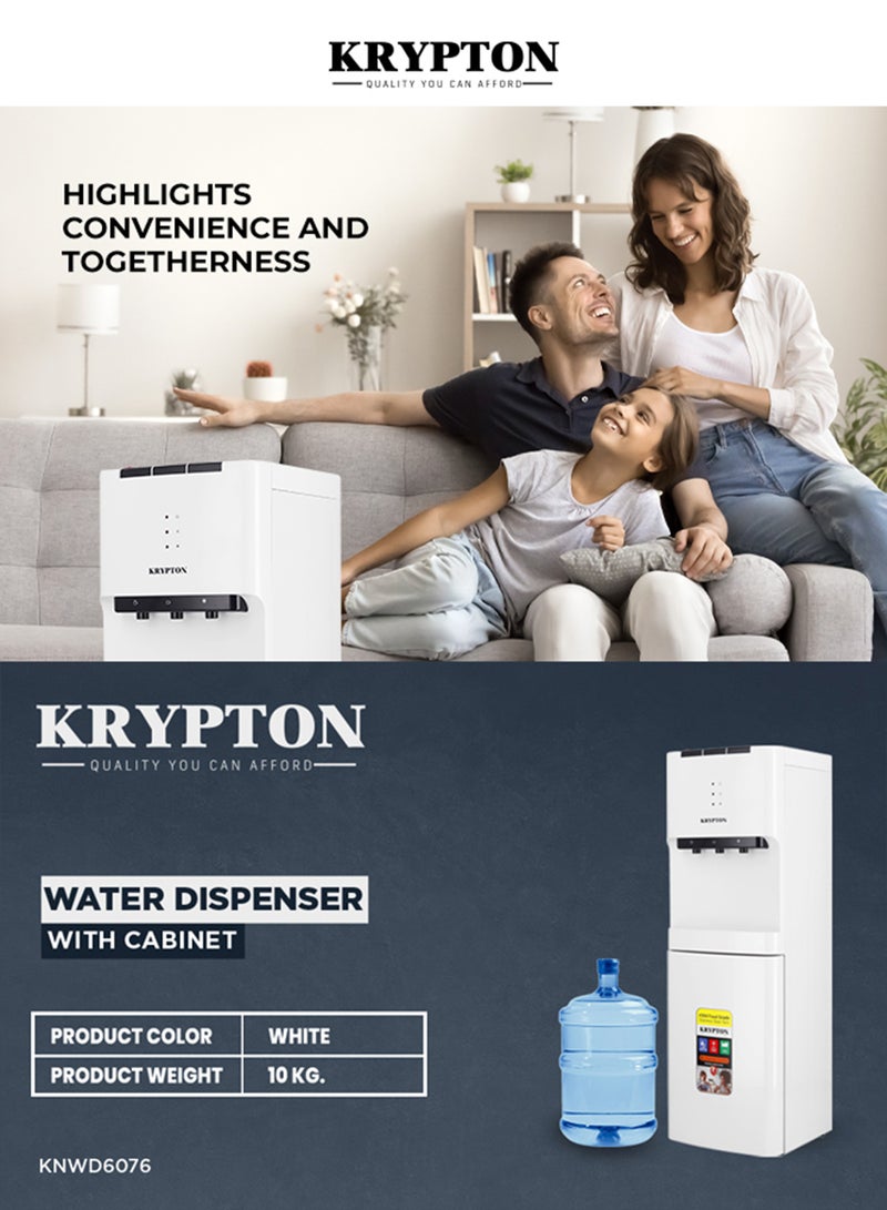 KRYPTON Water Dispenser with Cabinet – 3 Taps (Hot, Cold, Normal) | Fast Compressor Cooling with R134a Refrigerant Food-Grade Stainless Steel Tank Durable ABS Plastic & Metal Body Built-In Child Safety Lock KNWD6076 white - Image 4
