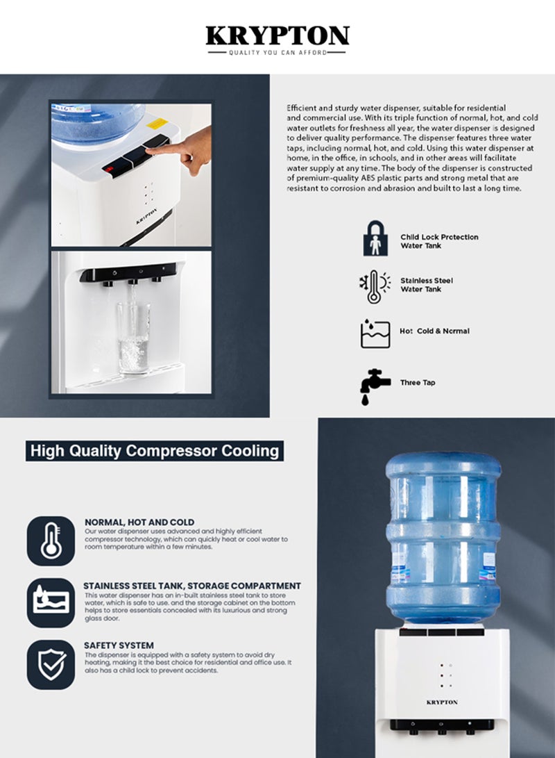 KRYPTON Water Dispenser with Cabinet – 3 Taps (Hot, Cold, Normal) | Fast Compressor Cooling with R134a Refrigerant Food-Grade Stainless Steel Tank Durable ABS Plastic & Metal Body Built-In Child Safety Lock KNWD6076 white - Image 2