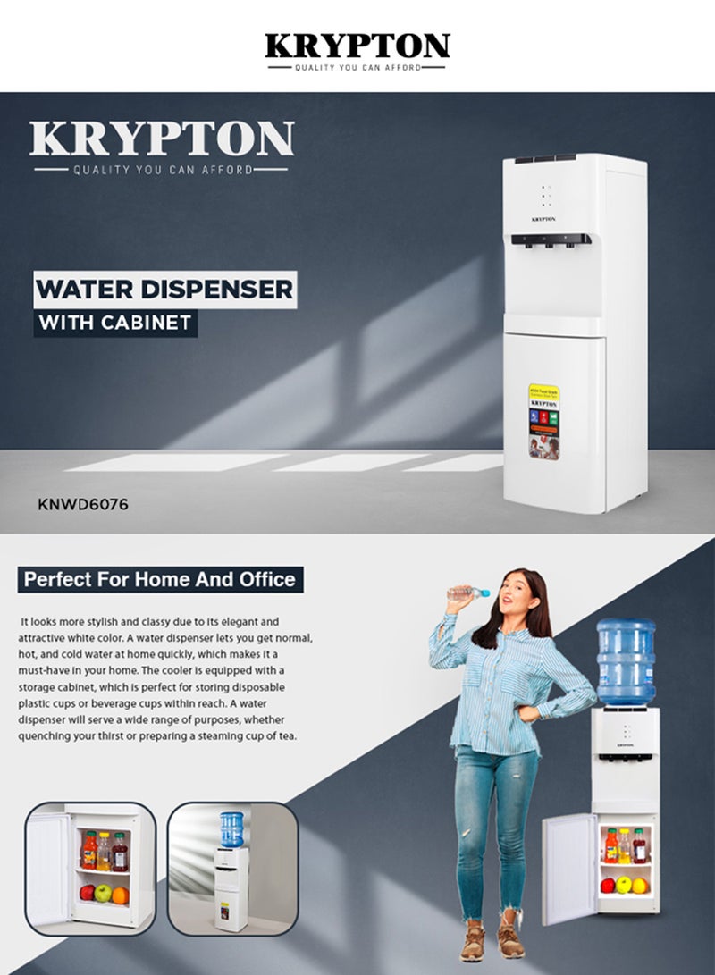 KRYPTON Water Dispenser with Cabinet – 3 Taps (Hot, Cold, Normal) | Fast Compressor Cooling with R134a Refrigerant Food-Grade Stainless Steel Tank Durable ABS Plastic & Metal Body Built-In Child Safety Lock KNWD6076 white - Image 3