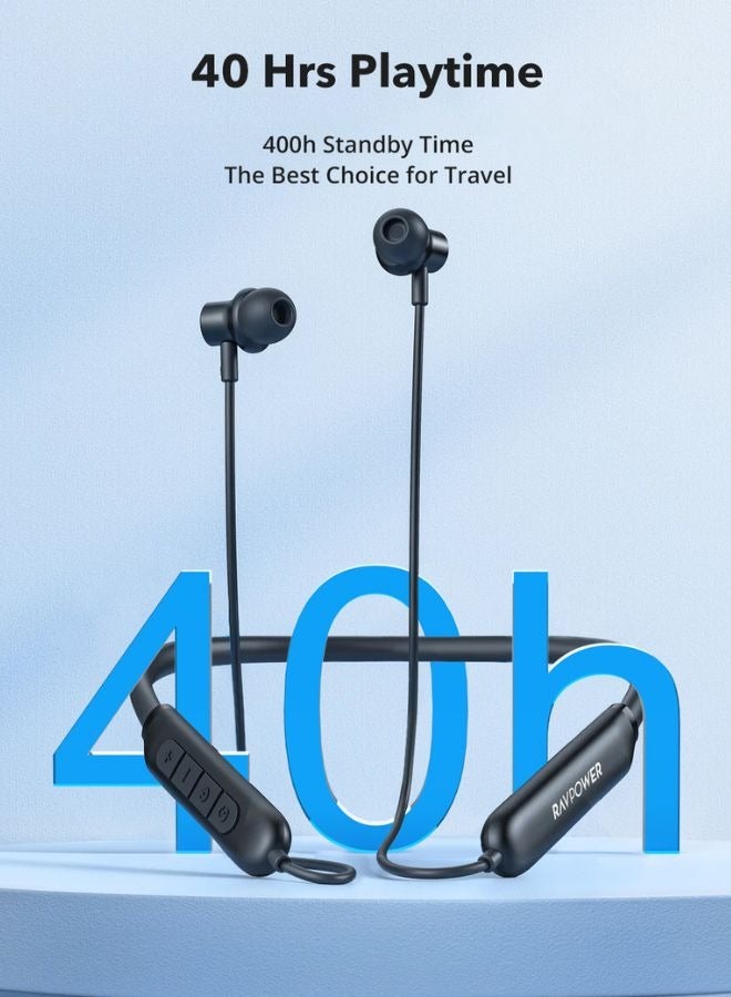 RAVPOWER Bluetooth Neckband Earphones, 40Hrs Playtime, Bluetooth 5.2, Call Noise Reduction, Sweat And Waterproof, 10mm Drivers, 3D HiFi Sound, Magnetic Switch, Ergonomic Design, BH1008 - Black - Image 4