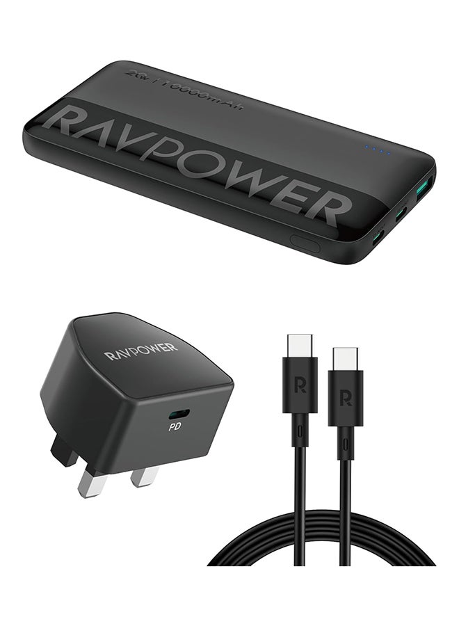 RAVPOWER 3-in-1 Travel Charging Combo, Portable Power Bank, 20W PD Fast Charging Wall Charger, 60W USB-C to USB-C Cable, Compact And Powerful, iSmart Protection, PC1085 - Black - Image 1