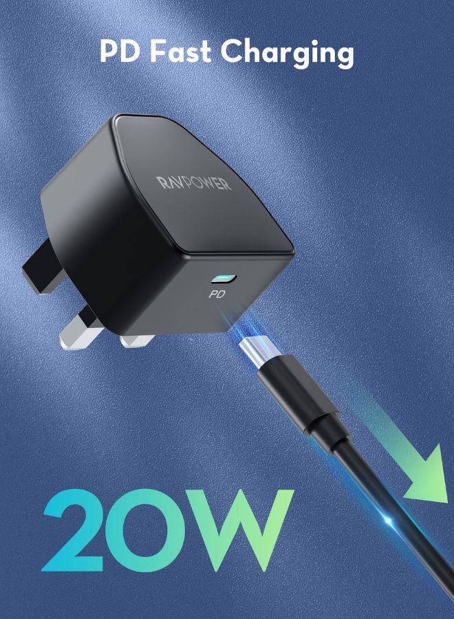 RAVPOWER 3-in-1 Travel Charging Combo, Portable Power Bank, 20W PD Fast Charging Wall Charger, 60W USB-C to USB-C Cable, Compact And Powerful, iSmart Protection, PC1085 - Black - Image 3