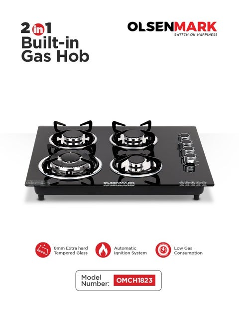 2-in-1 Built-in Gas Hob - 8mm Tempered Glass Top | Brass Burner - Auto-Ignition - Thick Pan Support | Bakelite Knobs | Low Gas Consumption OMCH1823 black