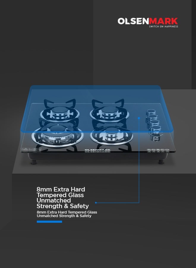 Olsenmark 2-in-1 Built-in Gas Hob - 8mm Tempered Glass Top | Brass Burner - Auto-Ignition - Thick Pan Support | Bakelite Knobs | Low Gas Consumption OMCH1823 black  - Image 2