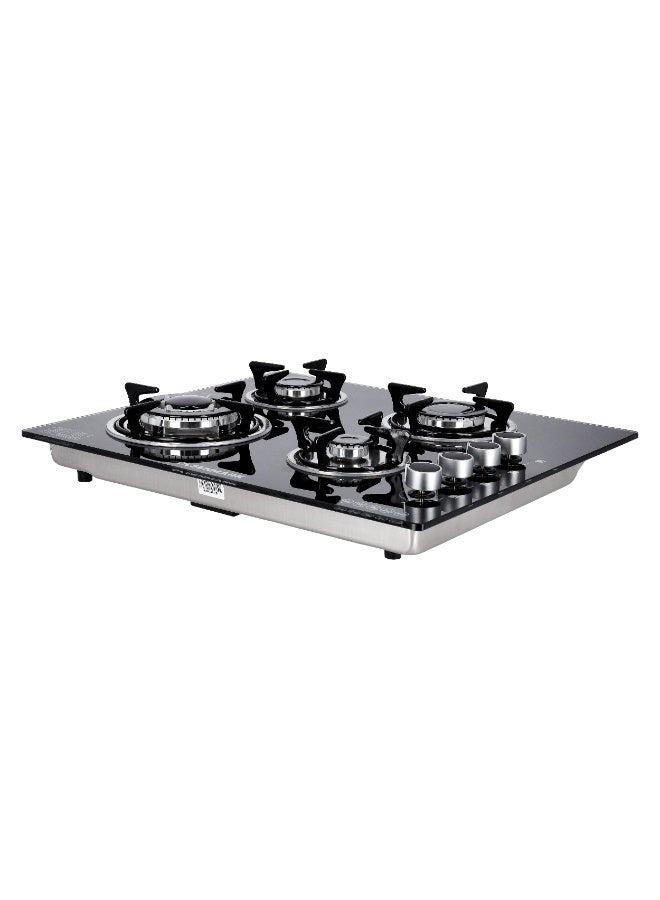 2-in-1 Built-in Gas Hob - 8mm Tempered Glass Top | Brass Burner - Auto-Ignition - Thick Pan Support | Bakelite Knobs | Low Gas Consumption OMCH1823 black