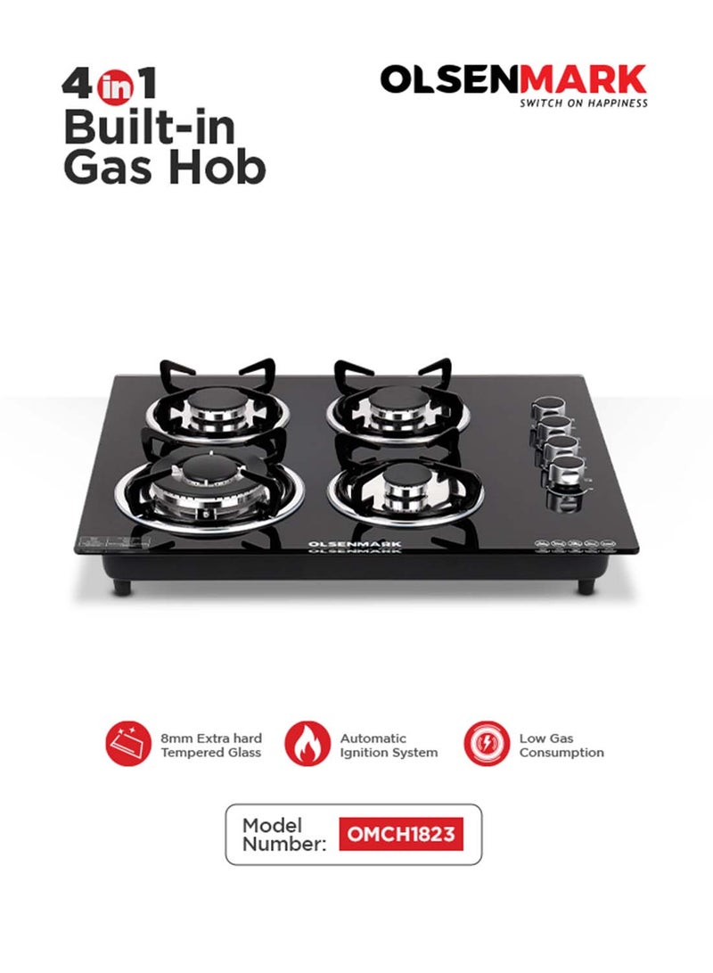 أولسنمارك 4-in-1 Built-in Gas Hob - 8mm Tempered Glass Top | Brass Burner - Auto-Ignition - Thick Pan Support | Bakelite Knobs | Low Gas Consumption | 2 Years Warranty OMCH1823 black - Image 1