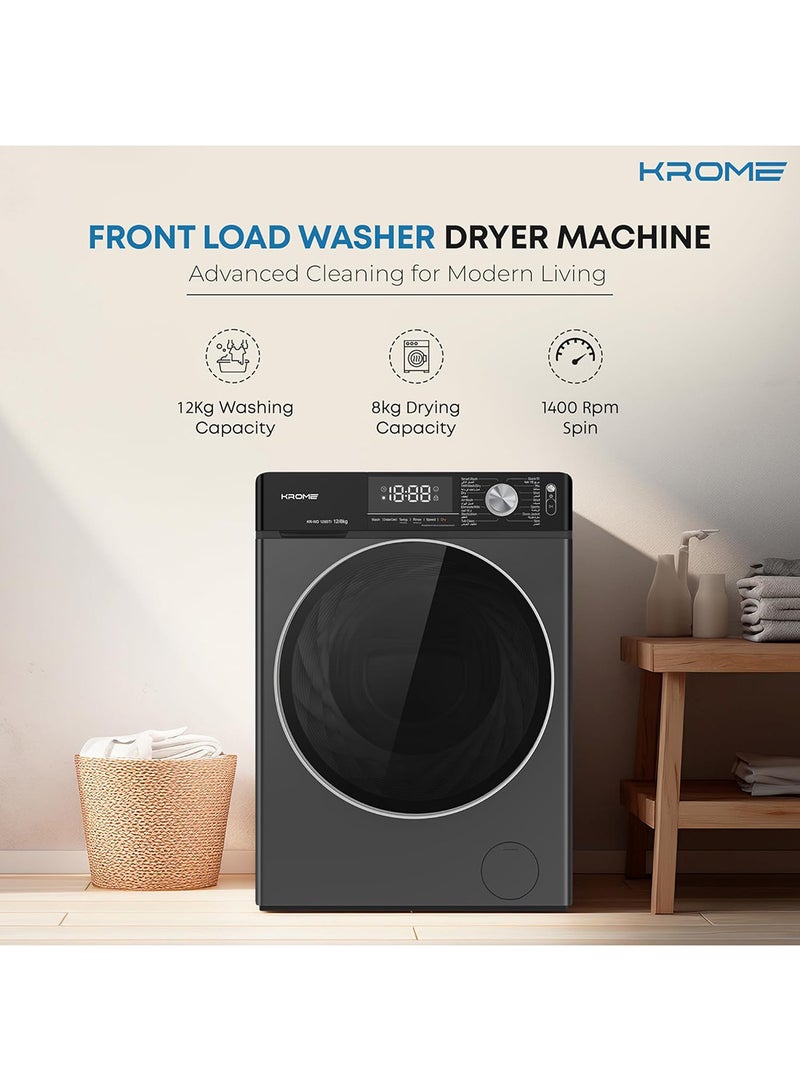 كروم غسالة ومجفف تحميل أمامي | 12 كجم غسيل | 8 كجم تجفيف | 1400 دورة في الدقيقة | درجة حرارة متغيرة | استشعار وإزالة الرغوة | محرك مباشر | إعادة تشغيل تلقائية | توازن تلقائي | كشف الحمولة | قفل للأطفال - Image 4