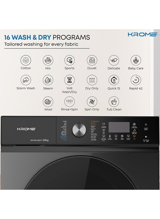 Krome Front Loading Washer Dryer Machine | 9 Kg Washing| 6Kg Drying|1400 RPM Spin| Variable Temperature| Foam Sensing & Removal | BLDC Motor| Auto Restart| Auto Balance | Load Detect | Child Lock 9 kg KR-WD 96STI Titanium - Image 3