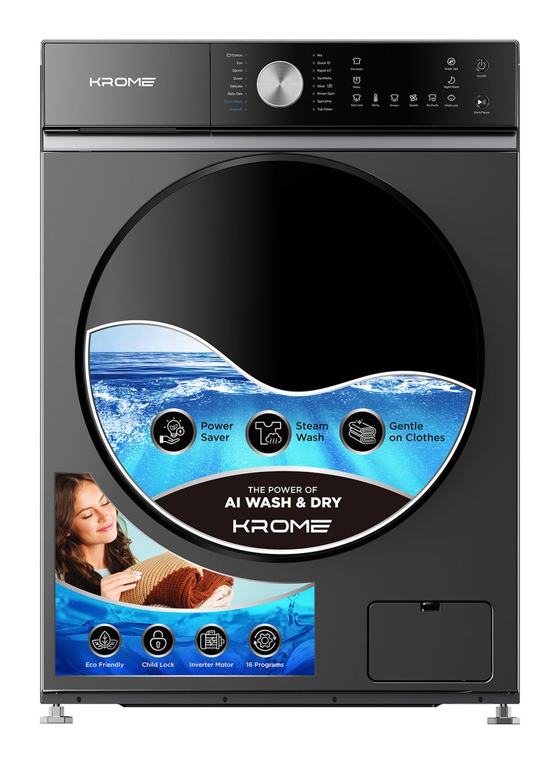 Krome Front Loading Washer Dryer Machine | 9 Kg Washing| 6Kg Drying|1400 RPM Spin| Variable Temperature| Foam Sensing & Removal | BLDC Motor| Auto Restart| Auto Balance | Load Detect | Child Lock 9 kg KR-WD 96STI Titanium - Image 1