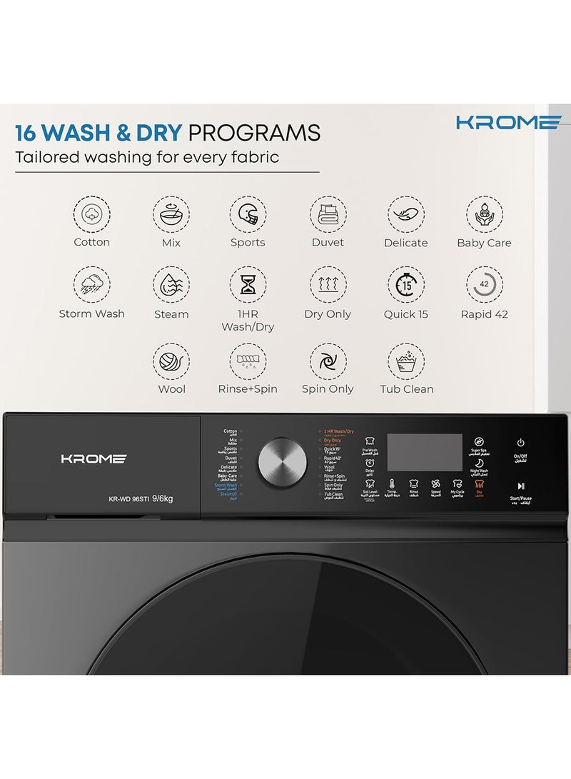 كروم غسالة ومجفف تحميل أمامي | 9 كجم غسيل | 6 كجم تجفيف | 1400 دورة في الدقيقة | درجة حرارة متغيرة | استشعار وإزالة الرغوة | محرك BLDC | إعادة تشغيل تلقائية | توازن تلقائي | كشف الحمولة | قفل للأطفال - Image 4