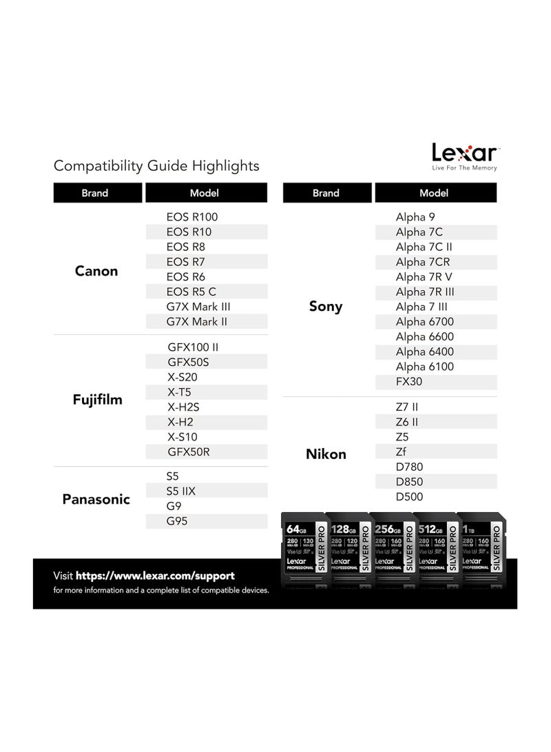 Lexar LEXAR PROFESSIONAL 256GB SILVER PRO SDXC UHS-II CARD, UP TO 280MB/S READ, 160MB/S WRITE,C10 U3 V60 (LSDSIPR256G-BNNNG) 256 GB  - Image 5