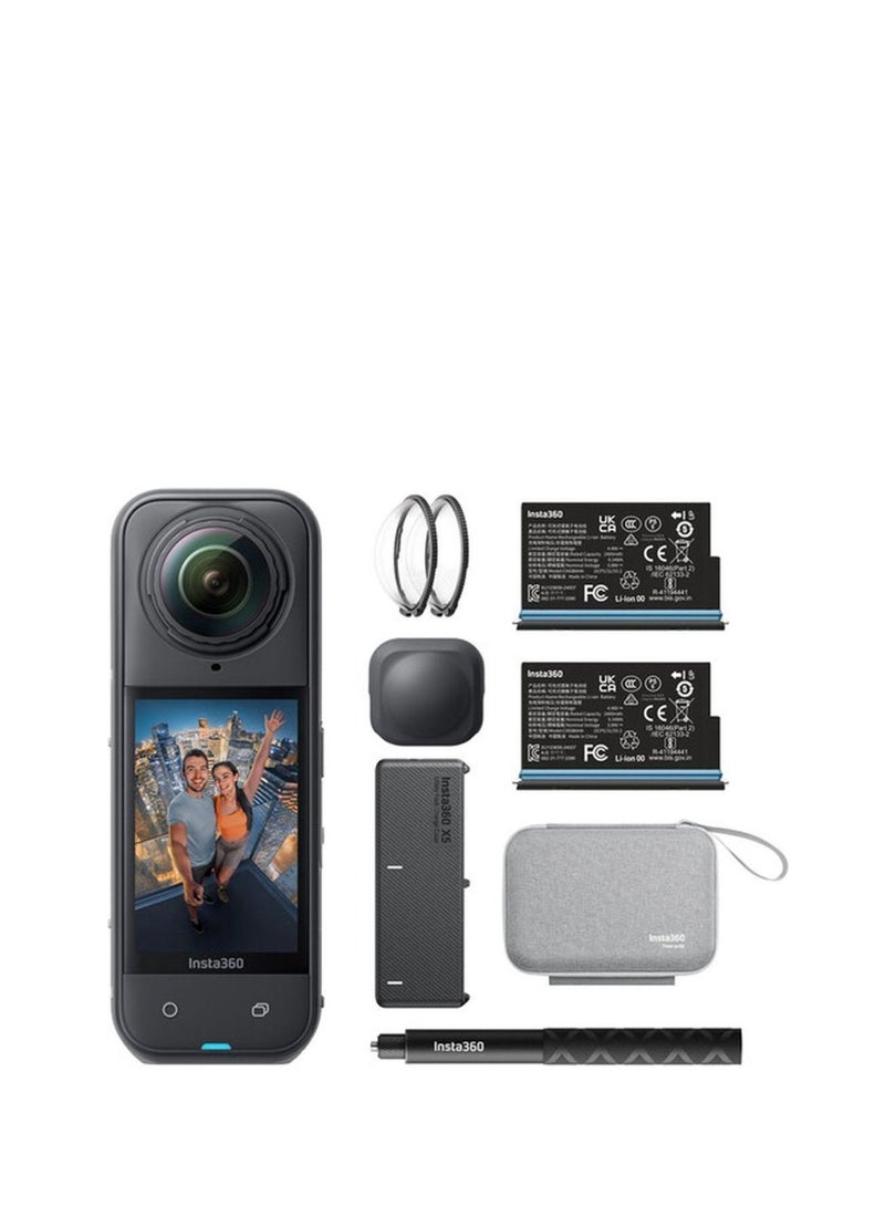 انستا 360 حزمة أساسيات X5 | كاميرا X5 + بطارية إضافية + عصا سيلفي غير مرئية بطول 114 سم + غطاء عدسة + حقيبة حمل، كاميرا أكشن 8K 360 مقاومة للماء حتى 15 متر، تصوير في الإضاءة المنخفضة، واقي ريح - أسود - Image 1