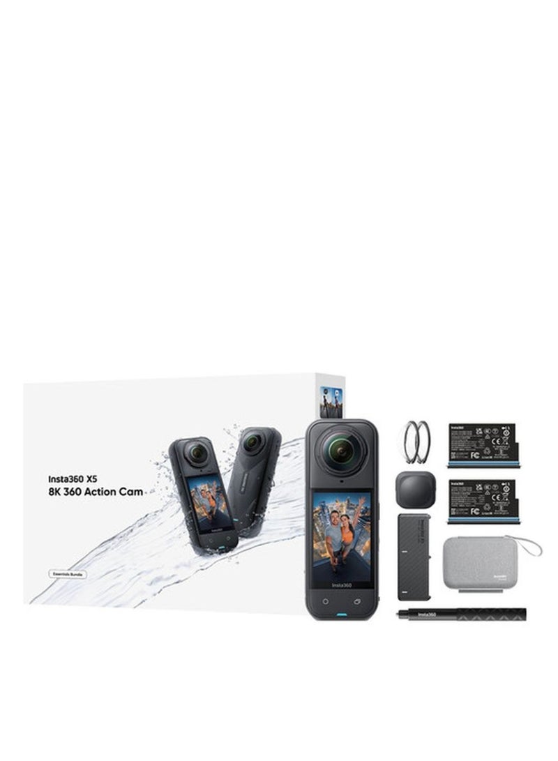 انستا 360 حزمة أساسيات X5 | كاميرا X5 + بطارية إضافية + عصا سيلفي غير مرئية بطول 114 سم + غطاء عدسة + حقيبة حمل، كاميرا أكشن 8K 360 مقاومة للماء حتى 15 متر، تصوير في الإضاءة المنخفضة، واقي ريح - أسود - Image 2