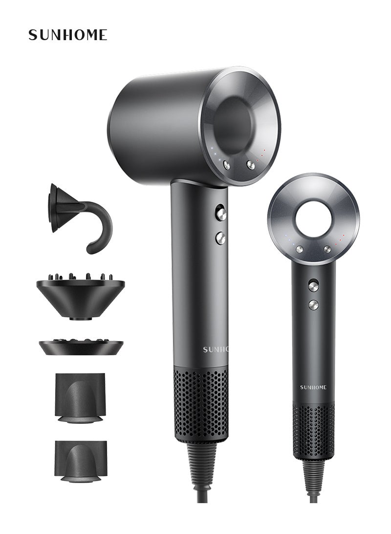 صن هوم Supersonic Hair Dryer with Diffuser Negative Ion Blow Dryer 110, 000 RPM Brushless Motor 3 Heat Settings High-Speed Fast Drying Professional Hair Dryer with 5 Attachments silver  - Image 1
