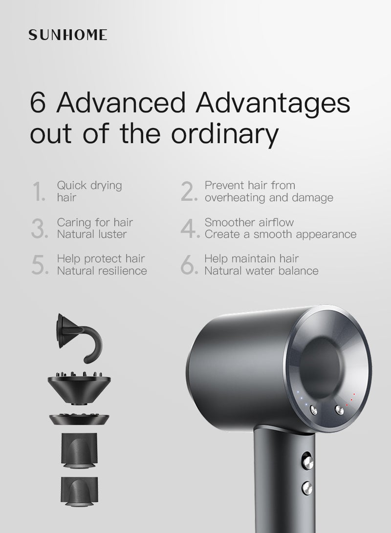صن هوم Supersonic Hair Dryer with Diffuser Negative Ion Blow Dryer 110, 000 RPM Brushless Motor 3 Heat Settings High-Speed Fast Drying Professional Hair Dryer with 5 Attachments silver  - Image 5