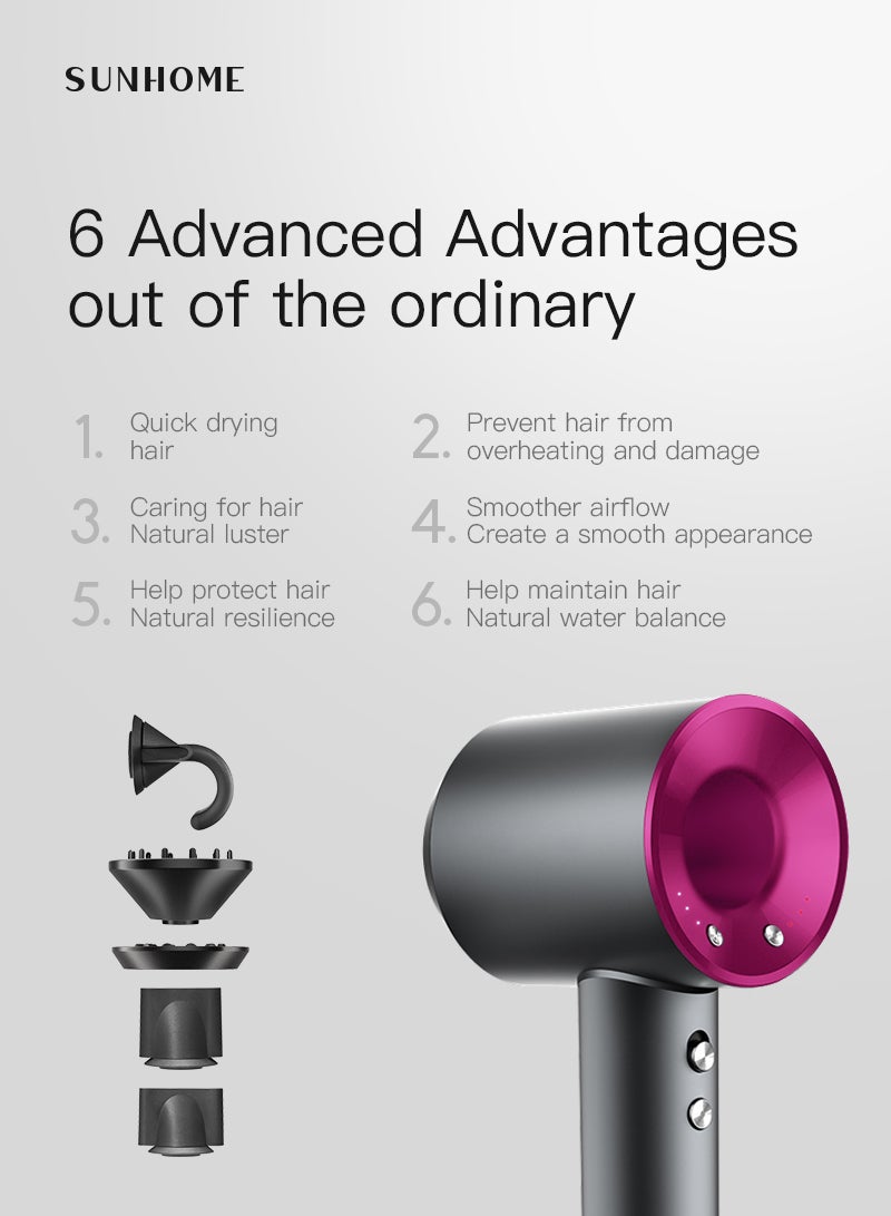 صن هوم Supersonic Hair Dryer with Diffuser Negative Ion Blow Dryer 110, 000 RPM Brushless Motor 3 Heat Settings High-Speed Fast Drying Professional Hair Dryer with 5 Attachments red  - Image 5