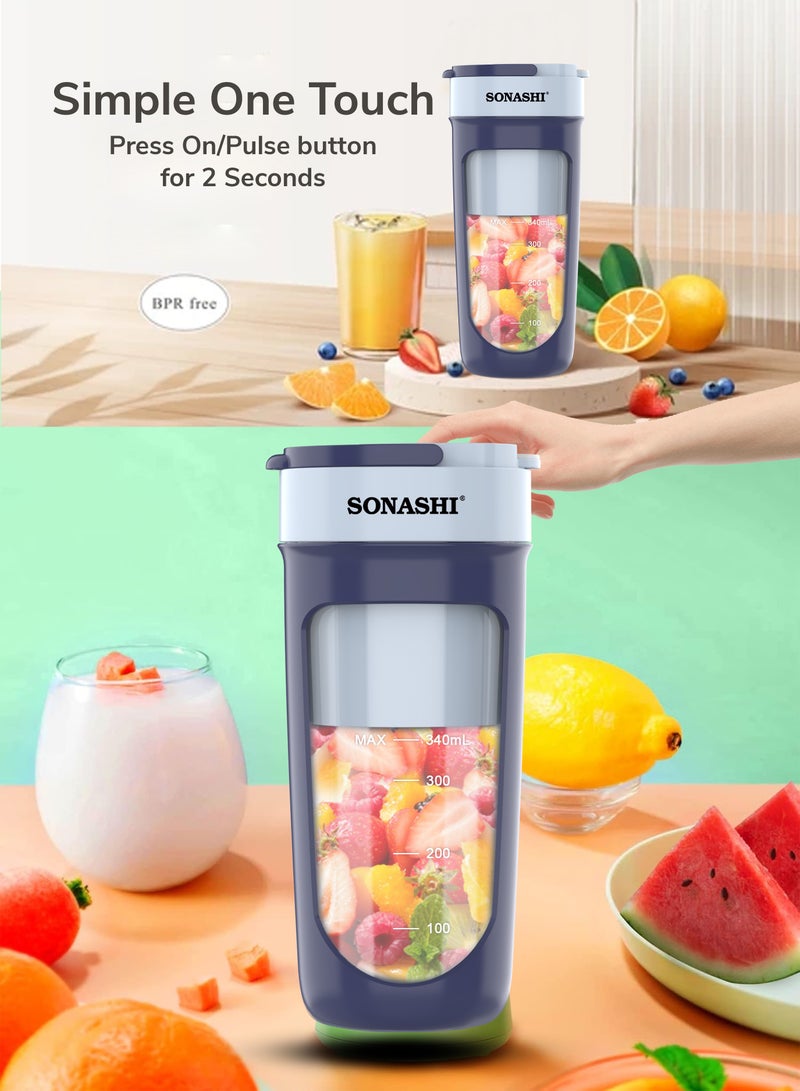 سوناشي Rechargeable Portable Blender | Stainless Steel Sharp Blades - Perfect for Juices, Smoothies, Milkshakes | 1 Button Control and LED Light Indicator | Easy Clean and Carry 340 ml 40 W SPB-294 Blue  - Image 5