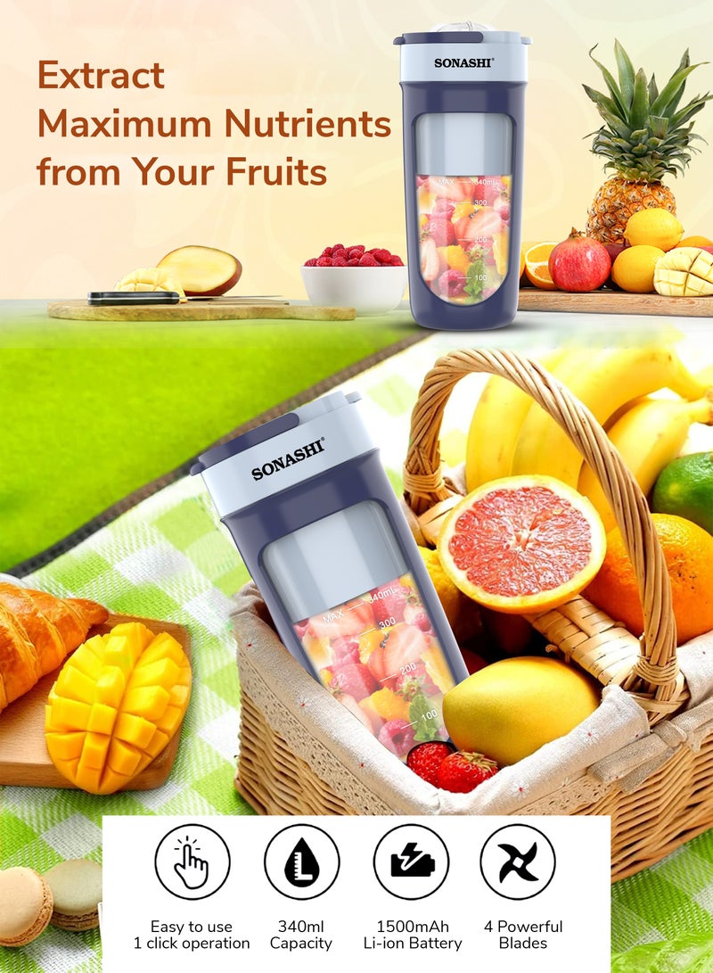 سوناشي Rechargeable Portable Blender | Stainless Steel Sharp Blades - Perfect for Juices, Smoothies, Milkshakes | 1 Button Control and LED Light Indicator | Easy Clean and Carry 340 ml 40 W SPB-294 Blue  - Image 2