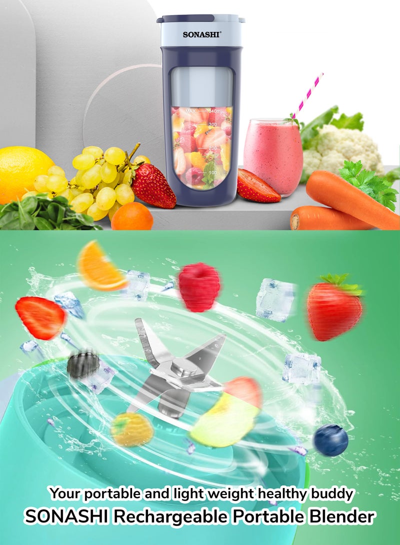 سوناشي Rechargeable Portable Blender | Stainless Steel Sharp Blades - Perfect for Juices, Smoothies, Milkshakes | 1 Button Control and LED Light Indicator | Easy Clean and Carry 340 ml 40 W SPB-294 Blue  - Image 4