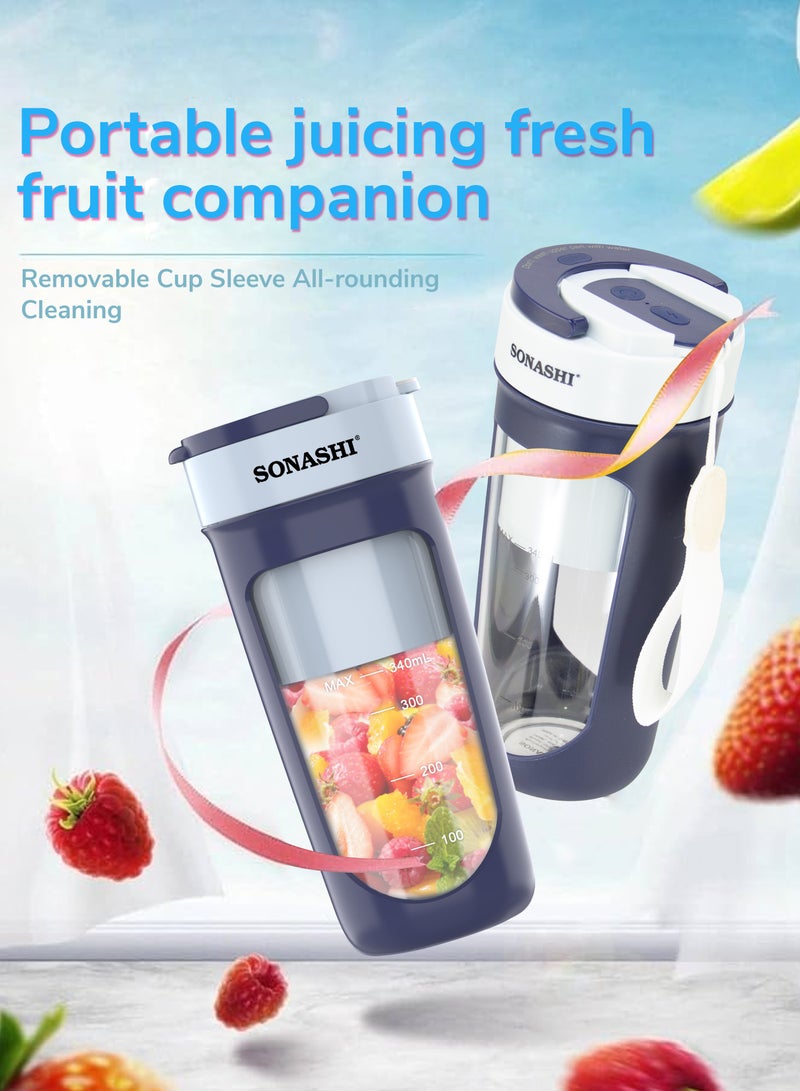 سوناشي - Rechargeable Portable Blender | Stainless Steel Sharp Blades - Perfect for Juices, Smoothies, Milkshakes | 1 Button Control and LED Light Indicator | Easy Clean and Carry 340 ml 40 W SPB-294 Blue - Image 1