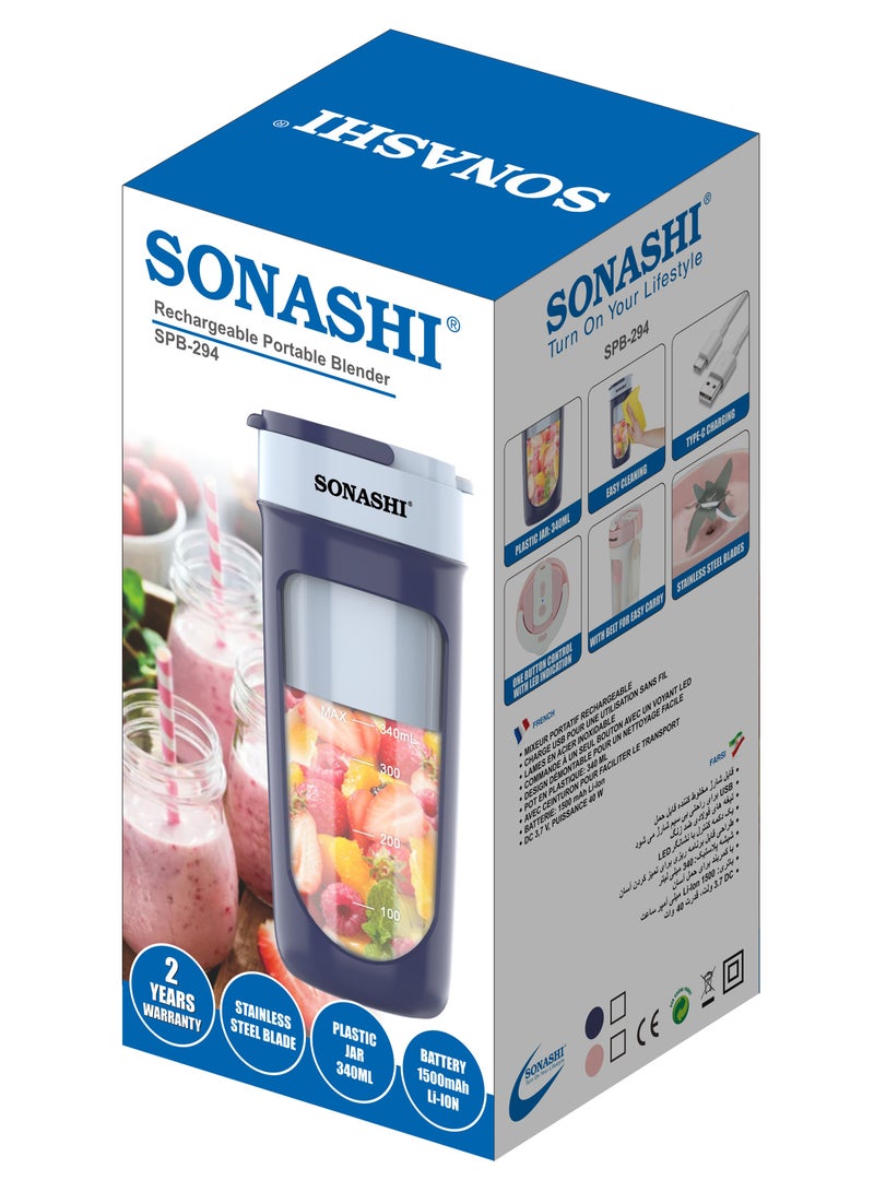 سوناشي - Rechargeable Portable Blender | Stainless Steel Sharp Blades - Perfect for Juices, Smoothies, Milkshakes | 1 Button Control and LED Light Indicator | Easy Clean and Carry 340 ml 40 W SPB-294 Blue - Image 1