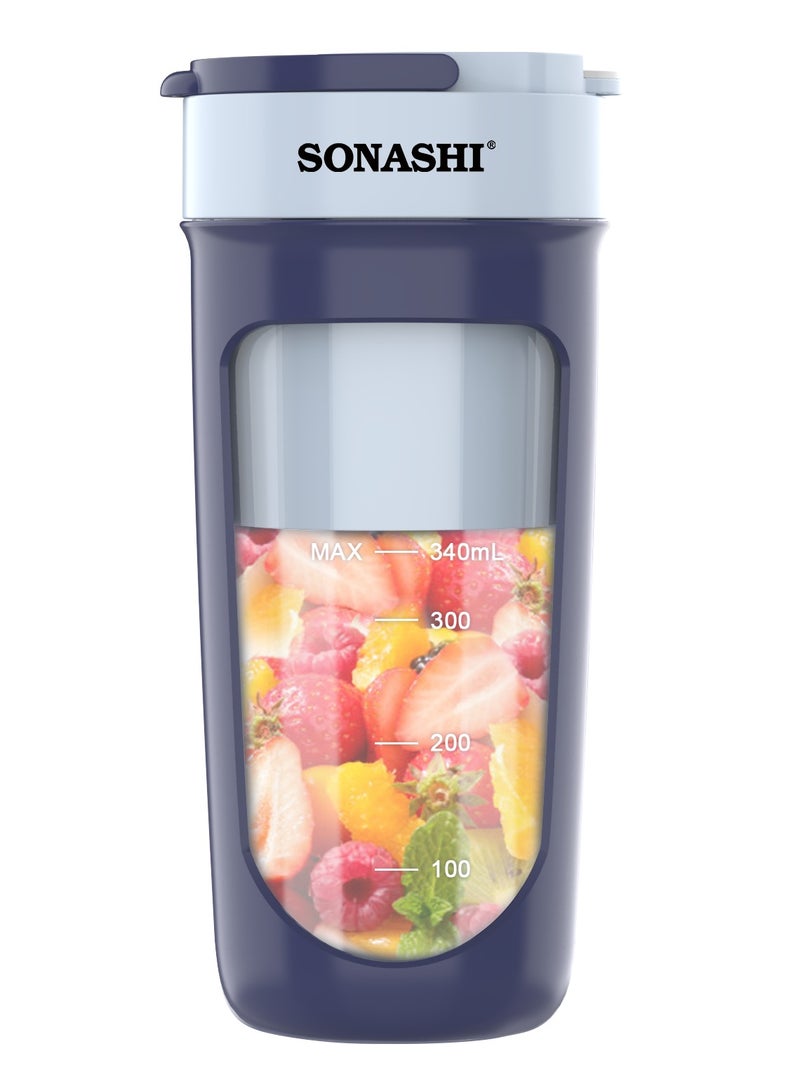 سوناشي Rechargeable Portable Blender | Stainless Steel Sharp Blades - Perfect for Juices, Smoothies, Milkshakes | 1 Button Control and LED Light Indicator | Easy Clean and Carry 340 ml 40 W SPB-294 Blue  - Image 1